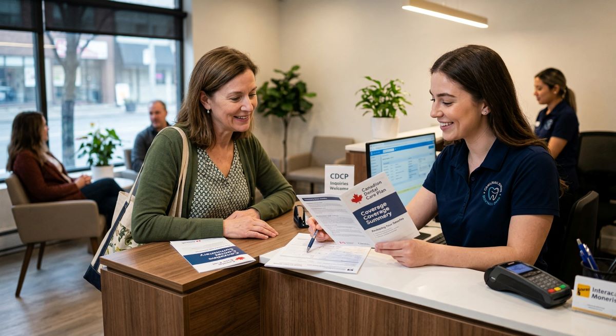 CDCP Dentist Patient Support Consultation - North Toronto Dental Centre CDCP dentist explaining Canadian Dental Care Plan coverage to a patient during a friendly consultation at North Toronto Dental Centre in North York
