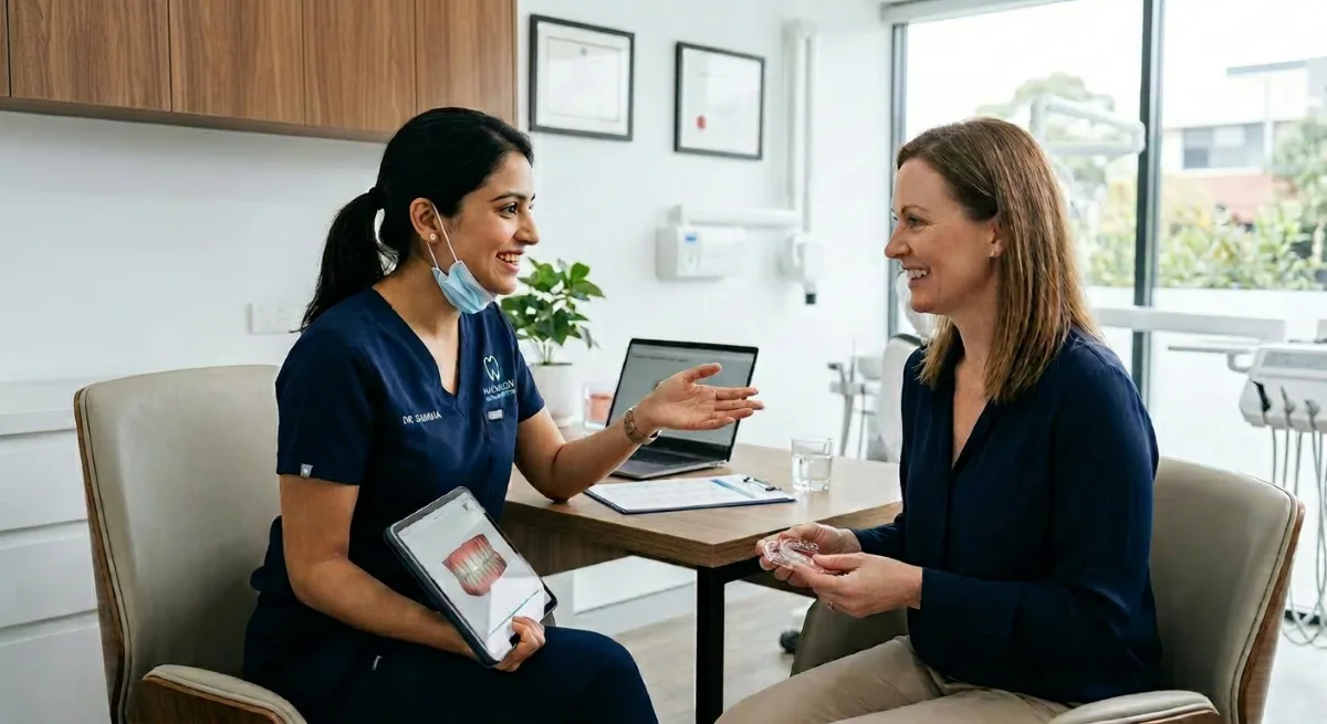 Invisalign Consultation North York | Patient Education at North Toronto Dental Centre A dentist explaining Invisalign clear aligners to a patient during a consultation at North Toronto Dental Centre in North York