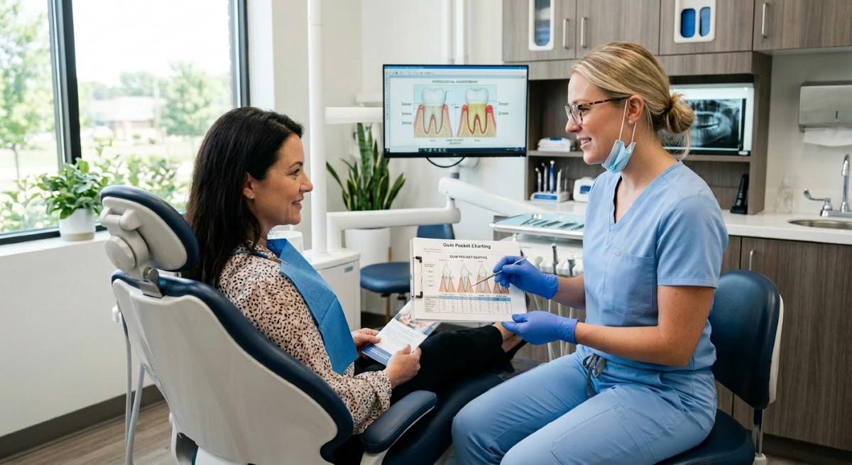 Scaling and Root Planing North York | Periodontal Assessment and Gum Pocket Charting at North Toronto Dental Centre Dental hygienist reviewing gum pocket charting with a patient during scaling and root planing consultation in North York
