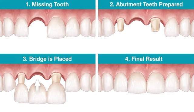 Crowns and Bridges North York | Dental Bridge Procedure Steps at North Toronto Dental Centre Dental bridge procedure steps showing missing tooth, abutment teeth preparation, bridge placement, and final result for crowns and bridges North York patients