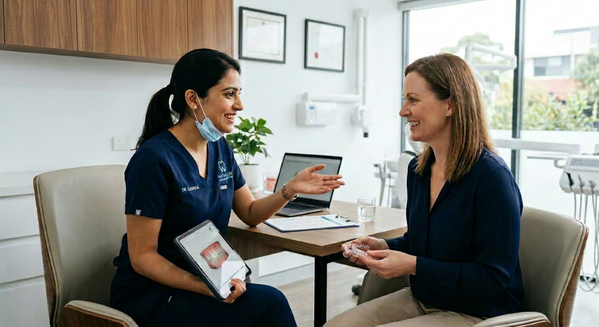Invisalign Consultation North York | Patient Education at North Toronto Dental Centre A dentist explaining Invisalign clear aligners to a patient during a consultation at North Toronto Dental Centre in North York