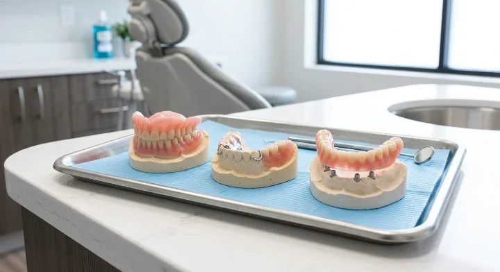 Dentures North York | Full, Partial & Implant-Supported Denture Types Full dentures, partial dentures, and implant-supported snap-on dentures displayed on dental models at North Toronto Dental Centre in North York