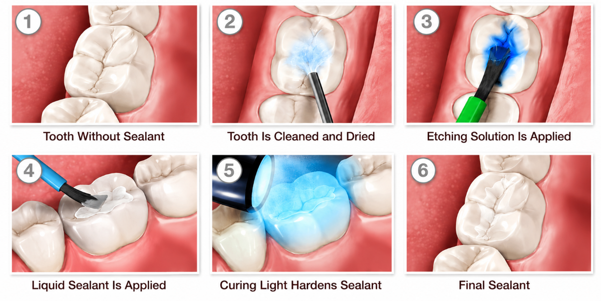 Dental Sealants Procedure in North York | Step-by-Step Molar Protection Step-by-step dental sealants procedure in North York showing tooth preparation, etching, liquid sealant application, UV curing light hardening, and final protective coating on molar chewing surfaces.