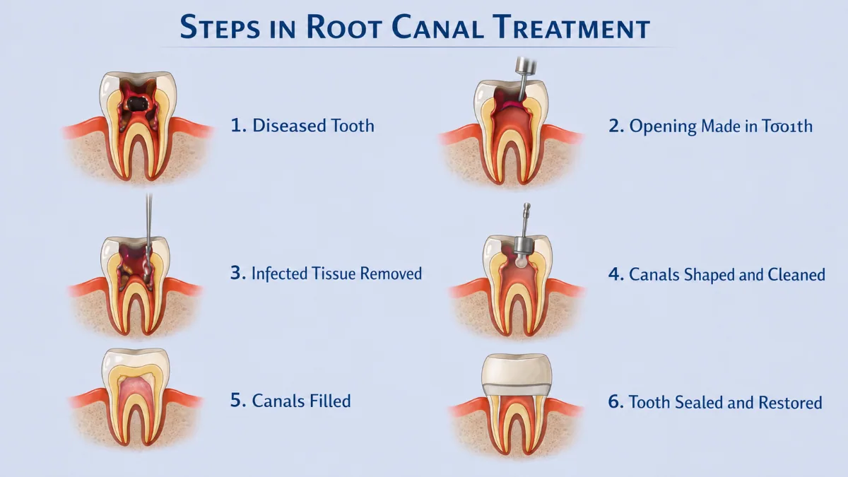 Root Canal Procedure Steps North York | Tooth Treatment at North Toronto Dental Centre Six-step root canal procedure diagram showing diseased tooth, opening, infected tissue removal, canal cleaning and shaping, filling, and final restoration at North Toronto Dental Centre in North York