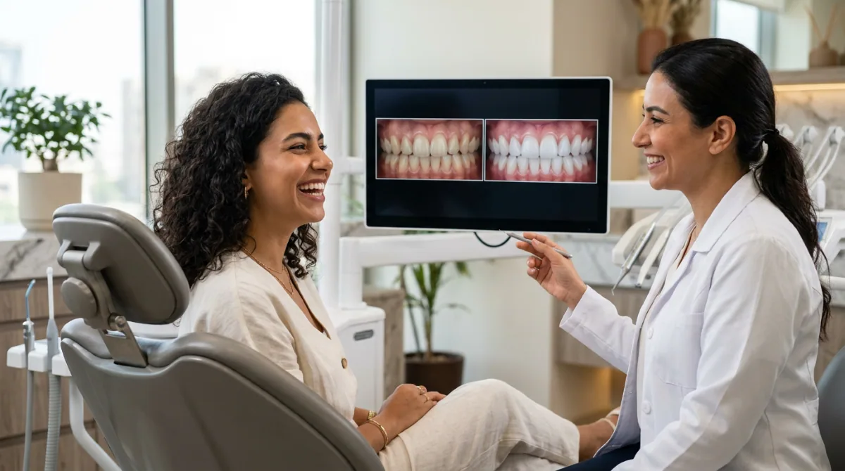Teeth Whitening in North York | Before-and-After Cosmetic Dentistry Consultation Dentist in North York showing a patient professional teeth whitening before-and-after results on a monitor during a cosmetic dentistry consultation