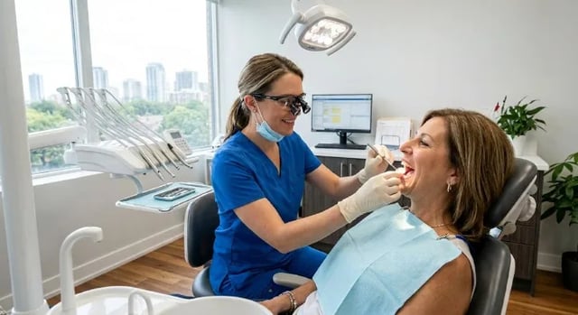 Oral Cancer Screening North York | Professional Oral Tissue Evaluation Dentist performing a comprehensive oral cancer screening on a patient in North York at North Toronto Dental Centre