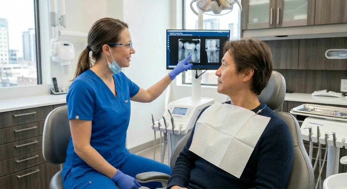 Tooth Filling Procedure North York | Dental X-Ray Review Before Treatment Dentist reviewing a digital dental X-ray with a patient during a tooth filling consultation at North Toronto Dental Centre in North York