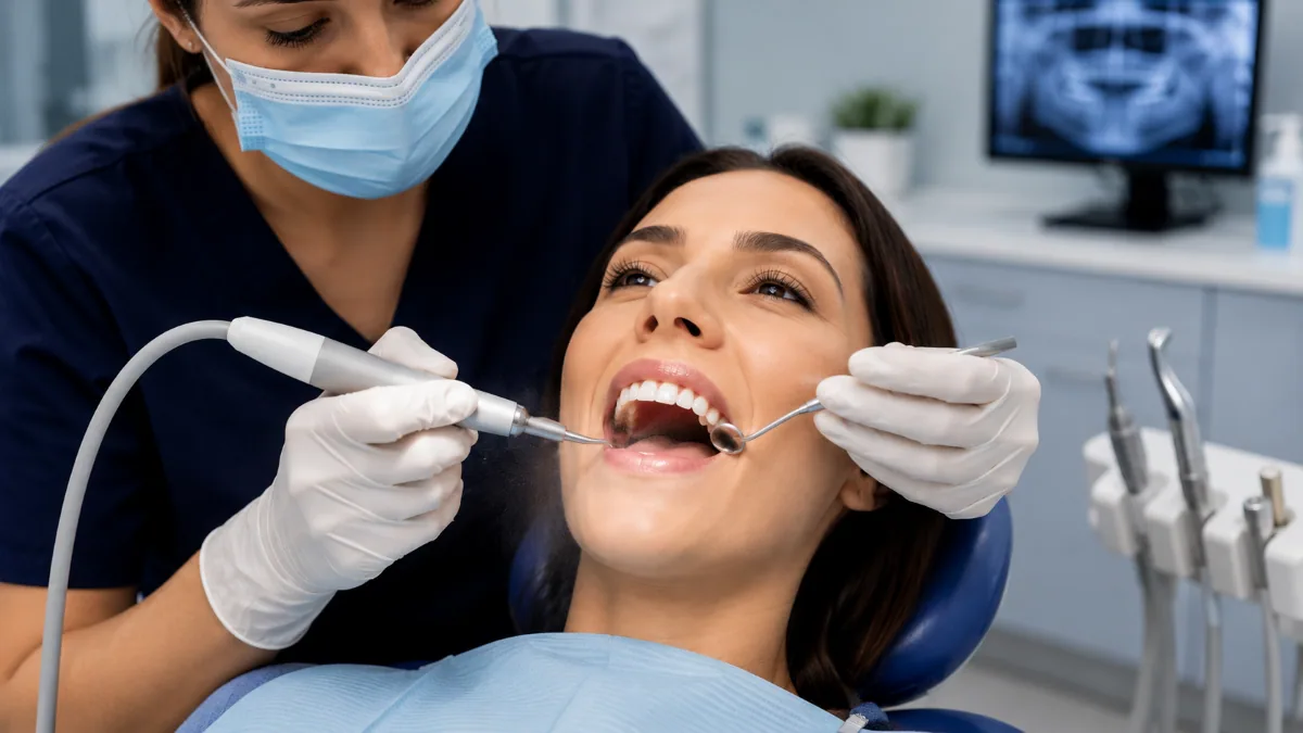 Scaling and Root Planing North York | Deep Cleaning for Gum Disease at North Toronto Dental Centre Dental hygienist performing scaling and root planing deep cleaning procedure on a patient in North York