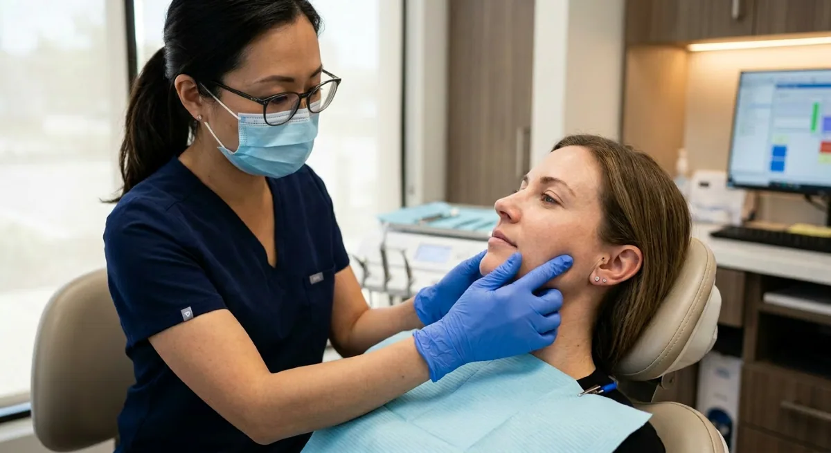 Therapeutic Botox North York | TMJ Functional Evaluation & Jaw Muscle Assessment Therapeutic Botox North York dentist performing a TMJ functional evaluation and jaw muscle palpation on a patient before treatment
