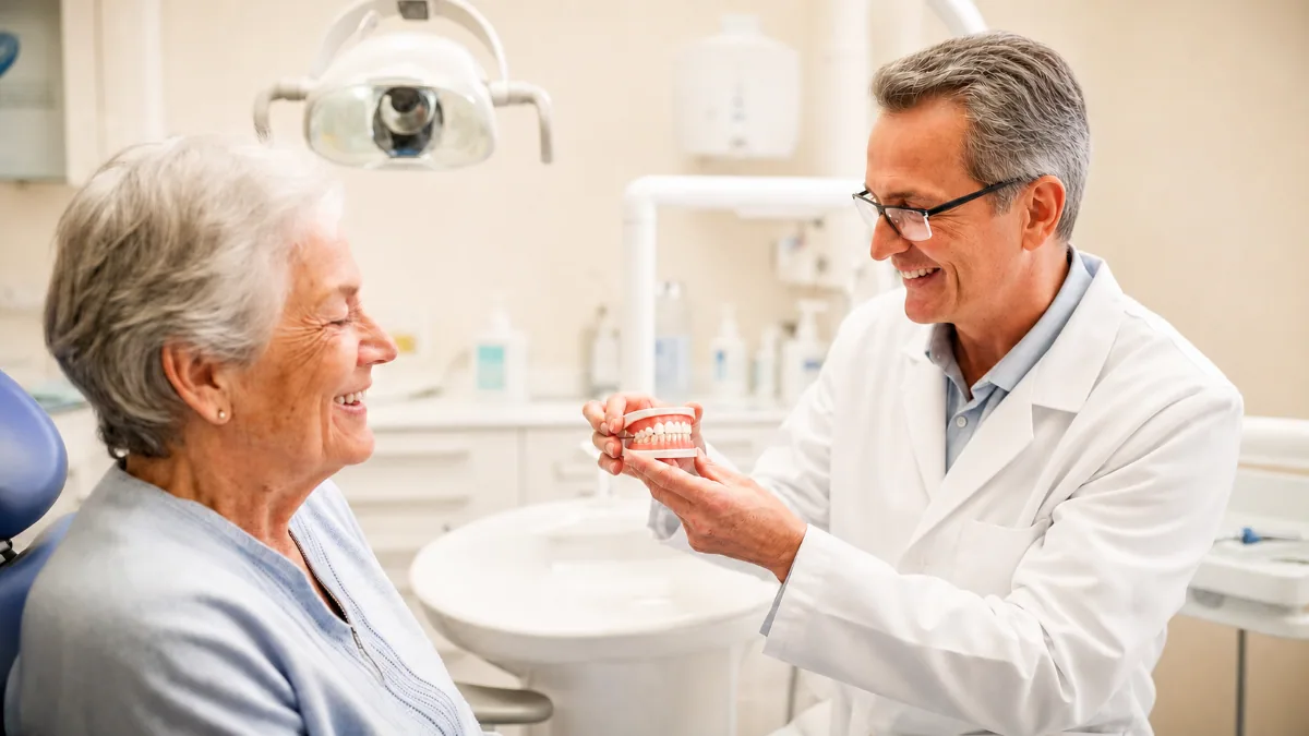 Dentures North York | Full & Partial Dentures at North Toronto Dental Centre Dentures North York — dentist showing full and partial denture options to a smiling senior patient at North Toronto Dental Centre