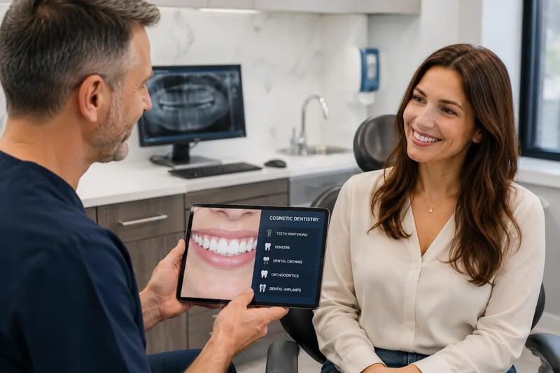 Smile Makeover in North York | Cosmetic Dentistry Consultation Smile makeover consultation in North York, dentist reviewing cosmetic dentistry treatment options with a patient on a tablet.