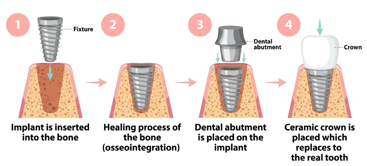 Dental Implants in North York, ON | Four-Step Implant Procedure from Fixture to Ceramic Crown Dental implants in North York procedure steps showing implant fixture placement, osseointegration healing, abutment placement, and ceramic crown restoration.