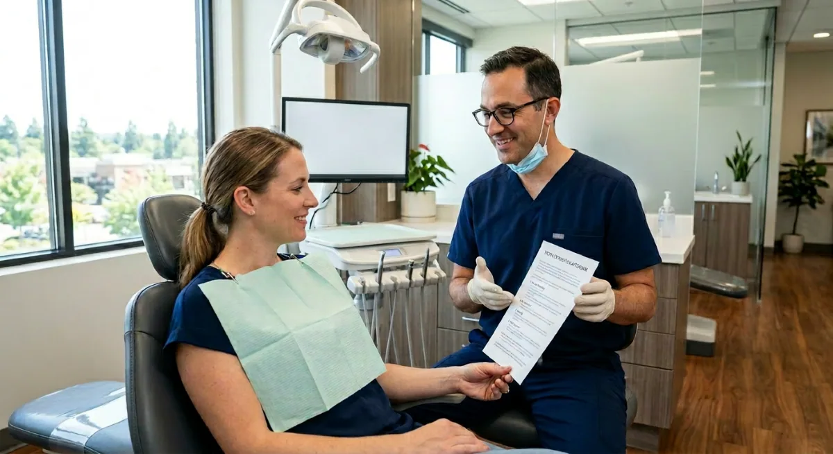 Tooth Extraction North York | Personalized Aftercare Instructions at North Toronto Dental Centre North York dentist reviewing tooth extraction aftercare instructions with a patient in the dental chair