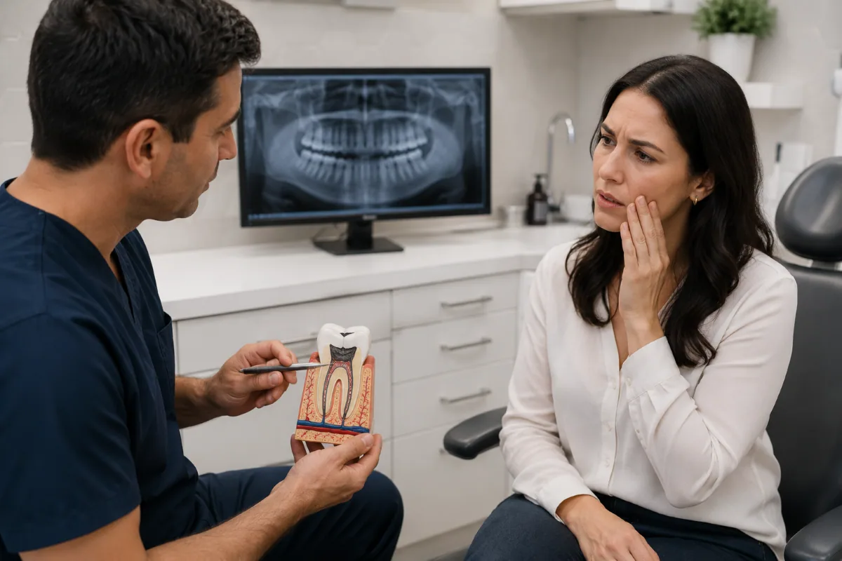 Root Canal North York | Tooth Pain Consultation at North Toronto Dental Centre Root canal North York — dentist showing tooth pulp model to patient with tooth pain during consultation at North Toronto Dental Centre