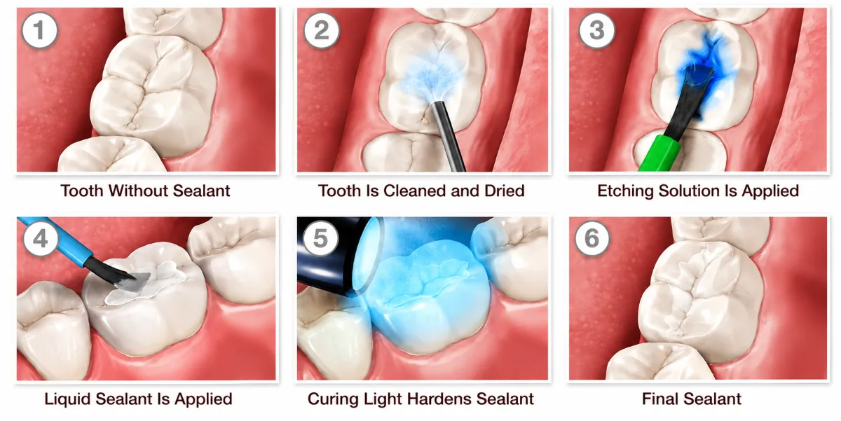 Dental Sealants Procedure in North York | Step-by-Step Molar Protection Step-by-step dental sealants procedure in North York showing tooth preparation, etching, liquid sealant application, UV curing light hardening, and final protective coating on molar chewing surfaces.
