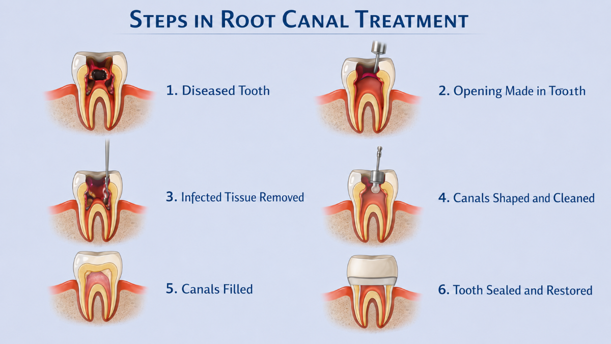 Root Canal Procedure Steps North York | Tooth Treatment at North Toronto Dental Centre Six-step root canal procedure diagram showing diseased tooth, opening, infected tissue removal, canal cleaning and shaping, filling, and final restoration at North Toronto Dental Centre in North York