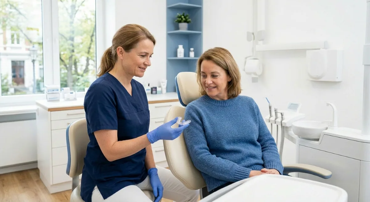 Custom Occlusal Night Guard Fitting in North York | Bruxism & Teeth Grinding Protection Dentist in North York fitting a custom occlusal night guard for a patient during a bruxism consultation