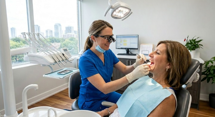 Oral Cancer Screening North York | Professional Oral Tissue Evaluation Dentist performing a comprehensive oral cancer screening on a patient in North York at North Toronto Dental Centre