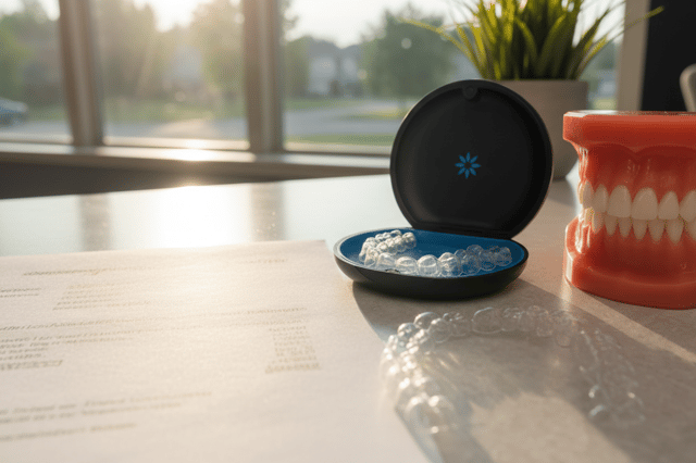 Invisalign Cost in North York | Clear Aligner Price and Treatment Estimate | North Toronto Dental Centre Invisalign cost consultation in North York showing clear aligner trays, a dental model, and a printed treatment price estimate on a desk