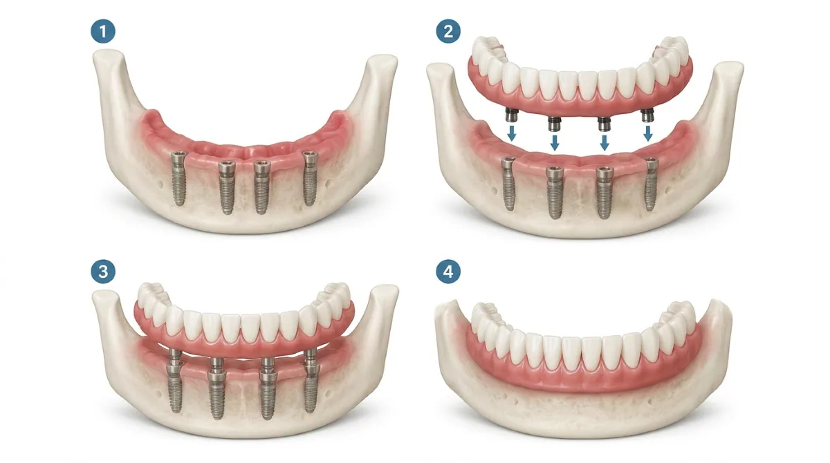 All-on-4 Dental Implants Procedure Steps in North York, ON | Four-Stage Full-Arch Restoration All-on-4 dental implants procedure steps in North York — four-stage full-arch implant placement and fixed prosthesis attachment at North Toronto Dental Centre.