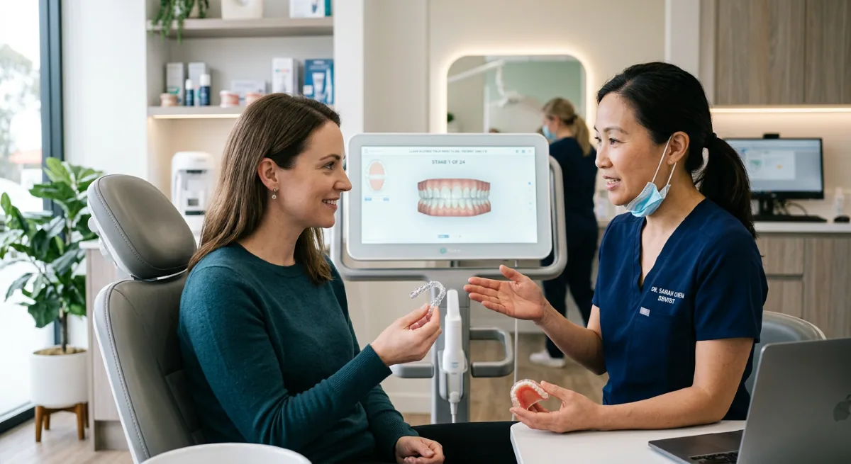 Adult Teeth Straightening North York | Invisalign Clear Aligner Consultation at North Toronto Dental Centre Invisalign-certified dentist reviewing an adult teeth straightening clear aligner treatment plan with a patient in North York