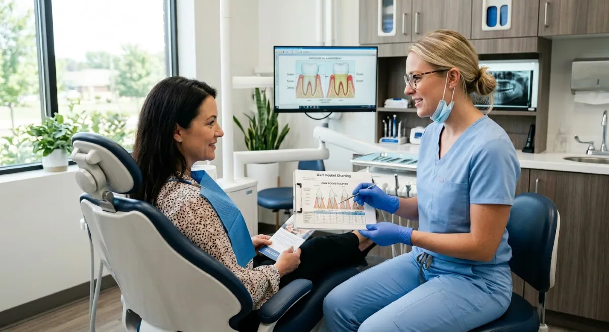 Scaling and Root Planing North York | Periodontal Assessment and Gum Pocket Charting at North Toronto Dental Centre Dental hygienist reviewing gum pocket charting with a patient during scaling and root planing consultation in North York